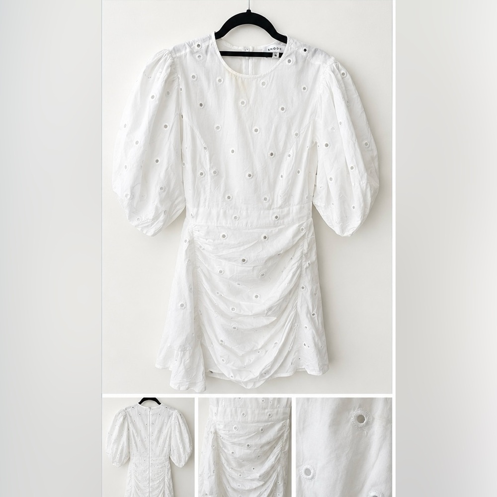 RHODE White Eyelet Puff Sleeve Ruched Mini Dress XS